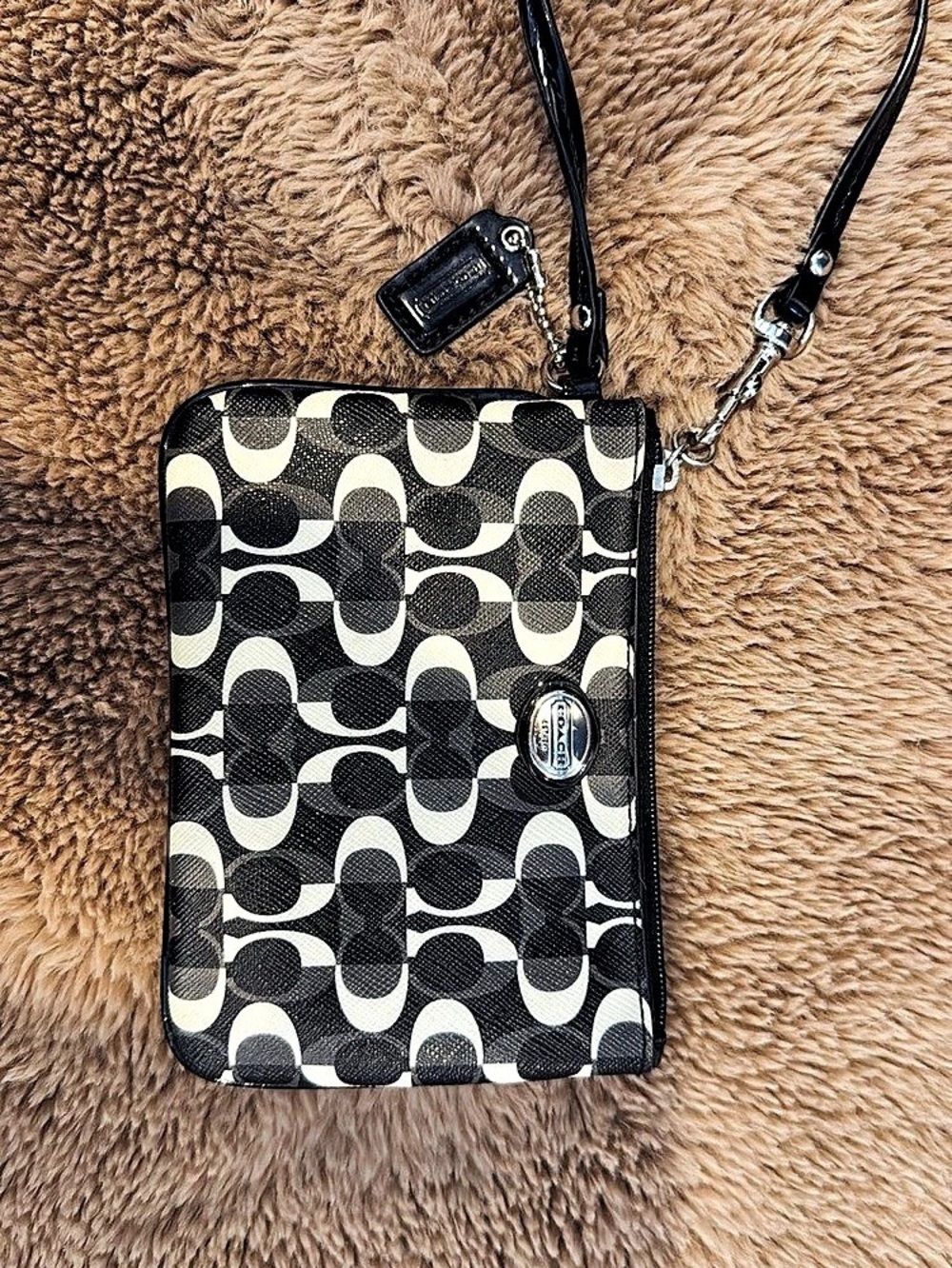 Coach Signature Stripe Black White Wristlet Crossbody Bag